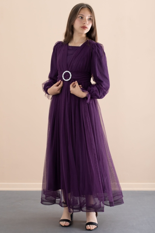 Mor Toka Detaylı Astarlı Kız Çocuk Uzun Kollu Tüllü Elbise 21093
