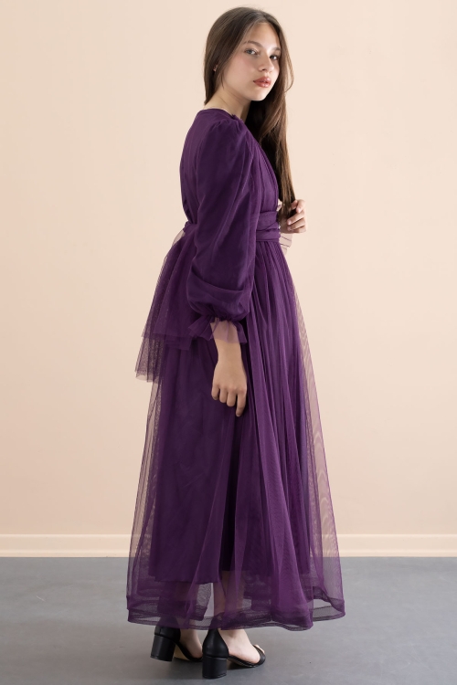Mor Toka Detaylı Astarlı Kız Çocuk Uzun Kollu Tüllü Elbise 21093