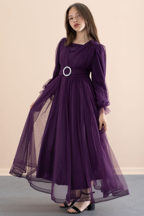 Mor Toka Detaylı Astarlı Kız Çocuk Uzun Kollu Tüllü Elbise 21093
