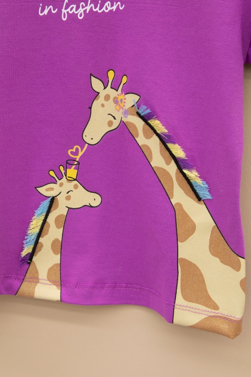 Mor Zürafa Baskılı Fırfırlı Kız Bebek Kısa Kol Tişört 20994