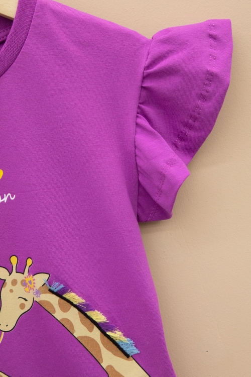 Mor Zürafa Baskılı Fırfırlı Kız Bebek Kısa Kol Tişört 20994