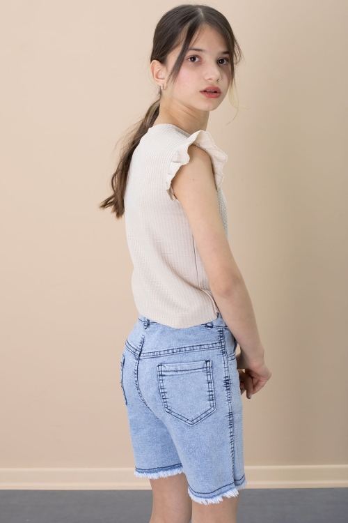 Payetli Jean Şortlu Bej Kolye Detaylı Badili Kız Çocuk 2li Takım 21109