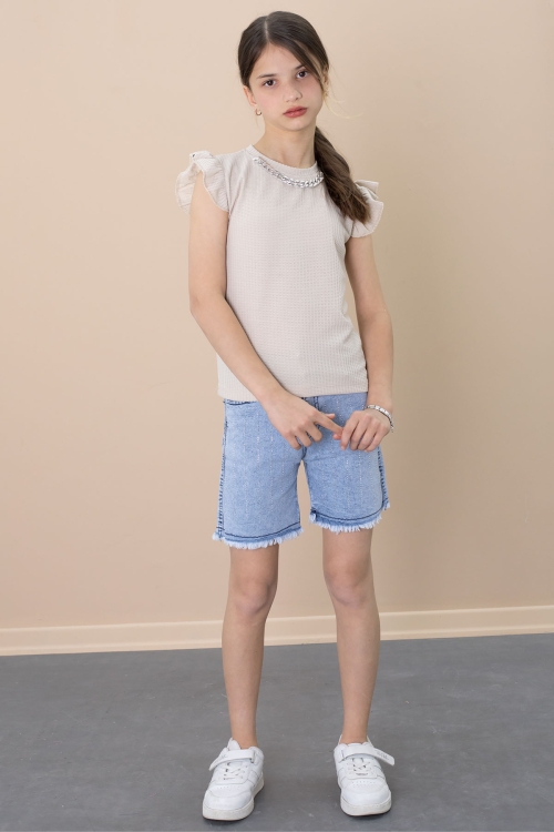 Payetli Jean Şortlu Bej Kolye Detaylı Badili Kız Çocuk 2li Takım 21109