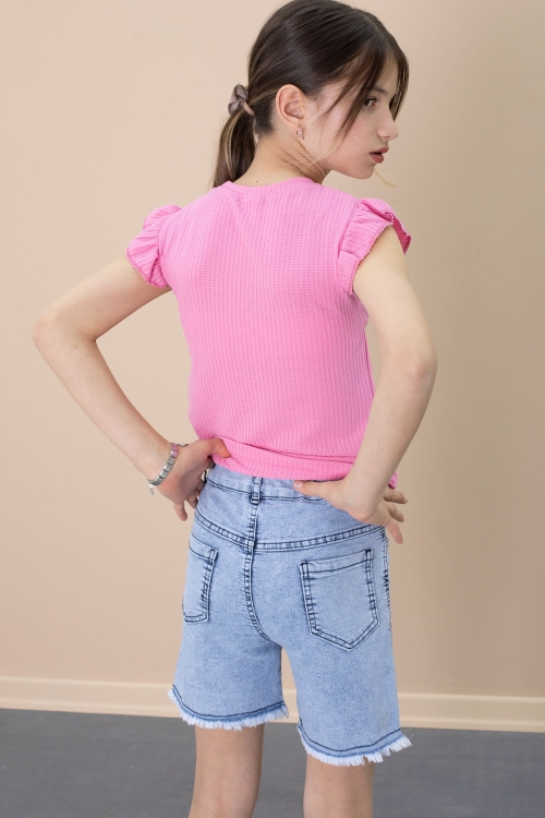 Payetli Jean Şortlu Pembe Kolye Detaylı Badili Kız Çocuk 2li Takım 21108