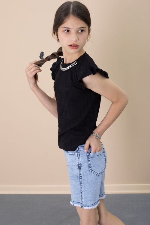 Payetli Jean Şortlu Siyah Kolye Detaylı Badili Kız Çocuk 2li Takım 21110