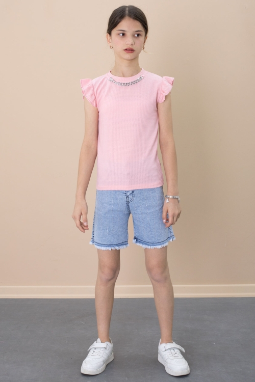 Payetli Jean Şortlu Somon Kolye Detaylı Badili Kız Çocuk 2li Takım 21111