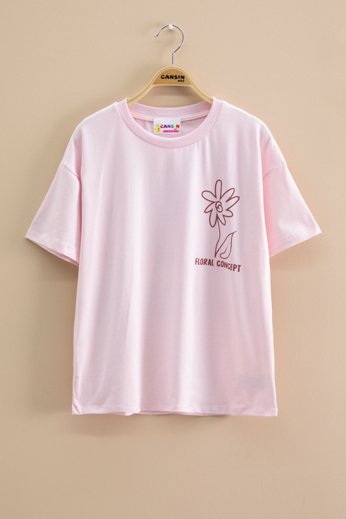 Pembe Çiçek Baskılı Sırtı Yazılı Kız Çocuk Bisiklet Yaka Tişört 20965