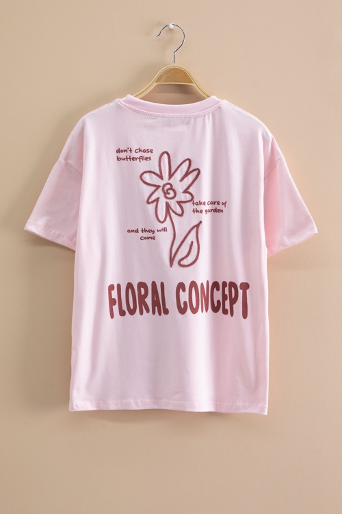 Pembe Çiçek Baskılı Sırtı Yazılı Kız Çocuk Bisiklet Yaka Tişört 20965