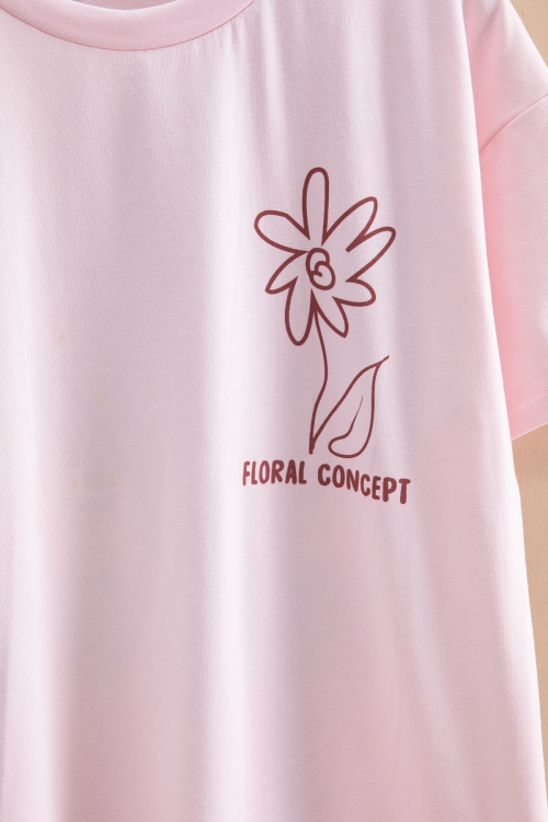 Pembe Çiçek Baskılı Sırtı Yazılı Kız Çocuk Bisiklet Yaka Tişört 20965