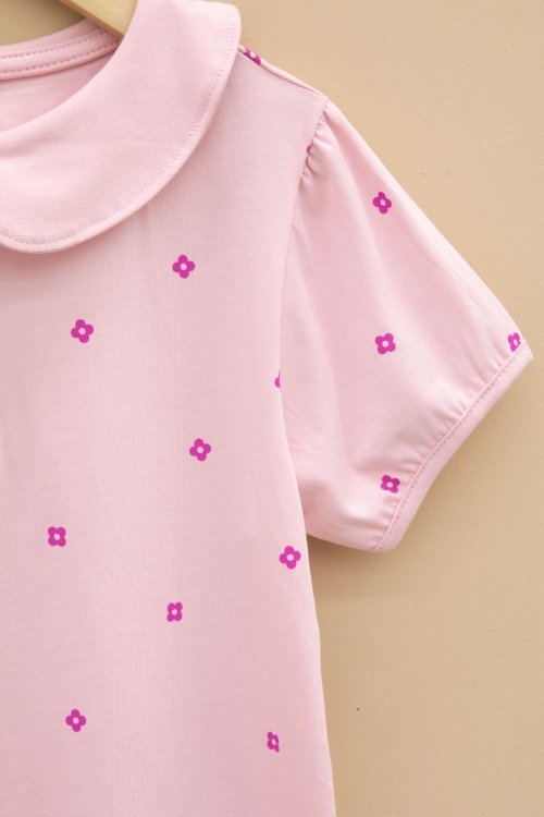 Pembe Çiçek Desenli Düğmeli Yaka Kız Çocuk Tişört 20990