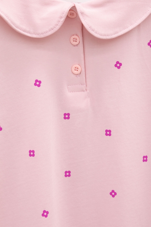 Pembe Çiçek Desenli Düğmeli Yaka Kız Çocuk Tişört 20990