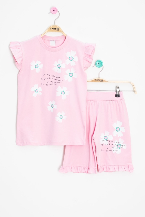 Pembe Çiçek Desenli Fırfır Detaylı Kız Çocuk Şortlu Takım 20598