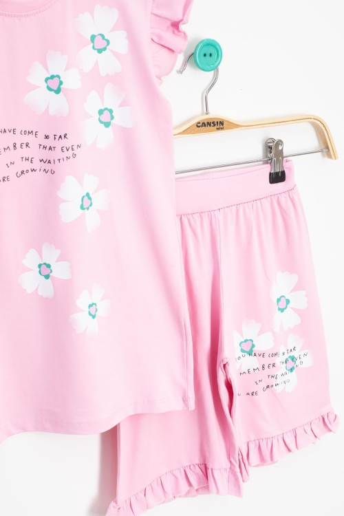 Pembe Çiçek Desenli Fırfır Detaylı Kız Çocuk Şortlu Takım 20598