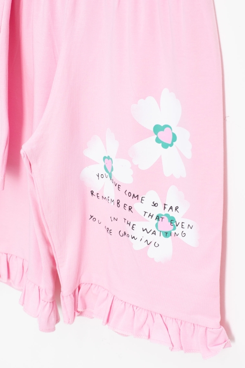 Pembe Çiçek Desenli Fırfır Detaylı Kız Çocuk Şortlu Takım 20598