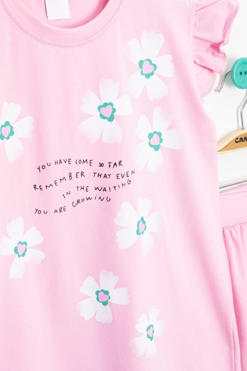 Pembe Çiçek Desenli Fırfır Detaylı Kız Çocuk Şortlu Takım 20598