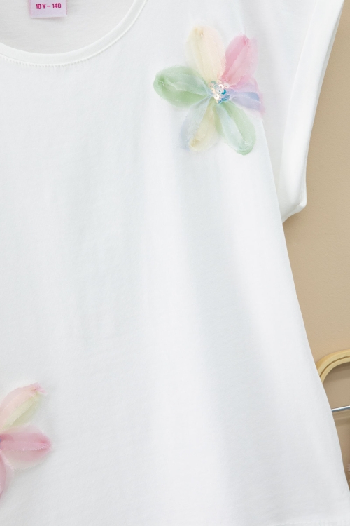 Pembe Çiçek İşlemeli Tüllü Etekli Kısa Kol Bluzlu Kız Çocuk 2li Takım 21046