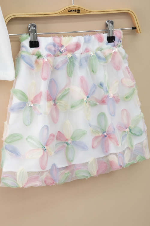 Pembe Çiçek İşlemeli Tüllü Etekli Kısa Kol Bluzlu Kız Çocuk 2li Takım 21046