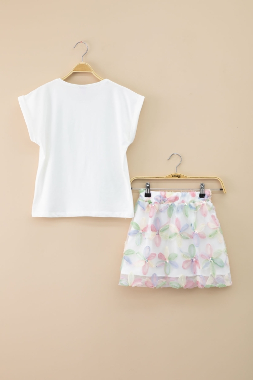 Pembe Çiçek İşlemeli Tüllü Etekli Kısa Kol Bluzlu Kız Çocuk 2li Takım 21046