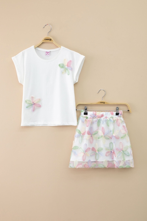 Pembe Çiçek İşlemeli Tüllü Etekli Kısa Kol Bluzlu Kız Çocuk 2li Takım 21046