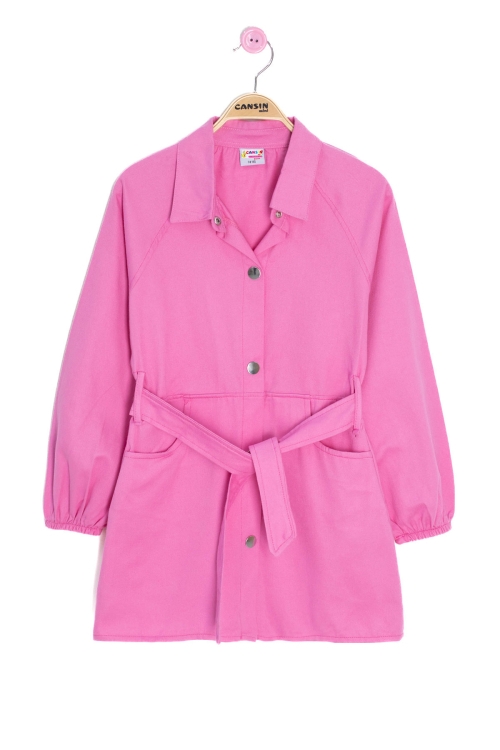 Pembe Çıtçıt Kapamalı Kuşaklı Kız Çocuk Keten Elbise 20694