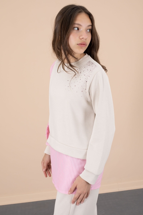 Pembe Çizgi Desenli Taş Detaylı Bluzlu Kız Çocuk Kuşaklı Pantolonlu 2li Takım 20659