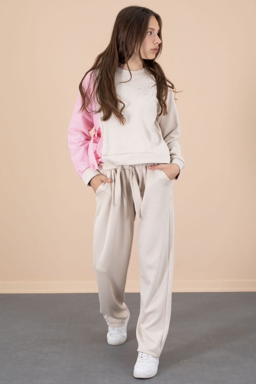 Pembe Çizgi Desenli Taş Detaylı Bluzlu Kız Çocuk Kuşaklı Pantolonlu 2li Takım 20659