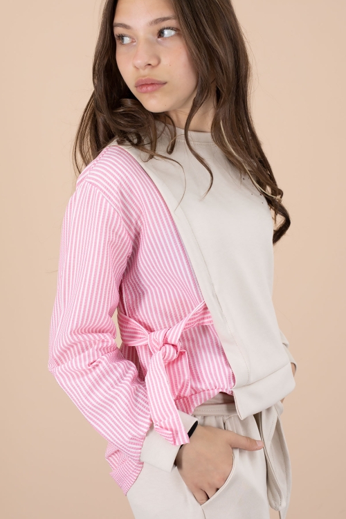 Pembe Çizgi Desenli Taş Detaylı Bluzlu Kız Çocuk Kuşaklı Pantolonlu 2li Takım 20659