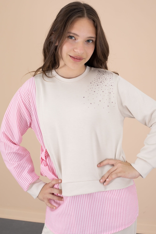 Pembe Çizgi Desenli Taş Detaylı Bluzlu Kız Çocuk Kuşaklı Pantolonlu 2li Takım 20659