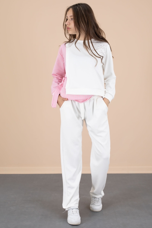 Pembe Çizgi Desenli Taş Detaylı Bluzlu Kız Çocuk Kuşaklı Pantolonlu 2li Takım 20656