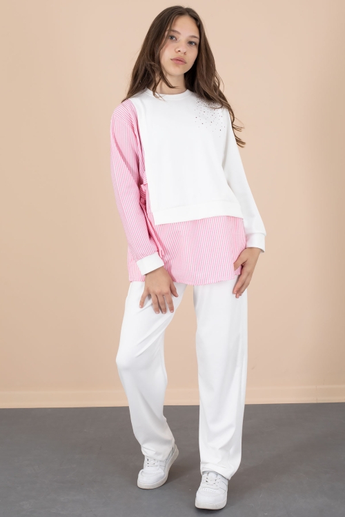 Pembe Çizgi Desenli Taş Detaylı Bluzlu Kız Çocuk Kuşaklı Pantolonlu 2li Takım 20656