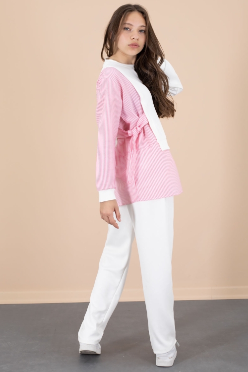 Pembe Çizgi Desenli Taş Detaylı Bluzlu Kız Çocuk Kuşaklı Pantolonlu 2li Takım 20656