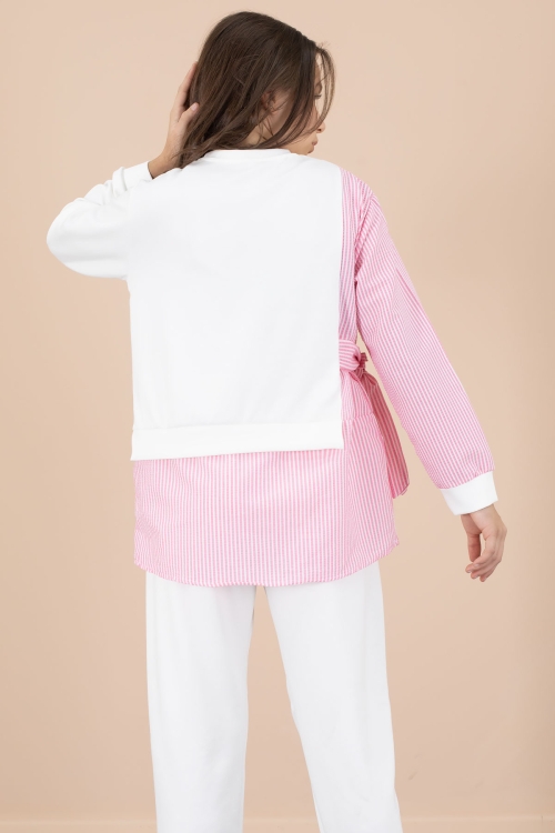 Pembe Çizgi Desenli Taş Detaylı Bluzlu Kız Çocuk Kuşaklı Pantolonlu 2li Takım 20656