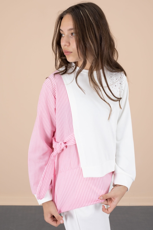 Pembe Çizgi Desenli Taş Detaylı Bluzlu Kız Çocuk Kuşaklı Pantolonlu 2li Takım 20656