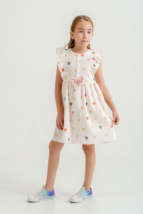 Pembe Kalp Baskılı Fiyonk Detaylı Müslin Kız Çocuk Elbise 21080