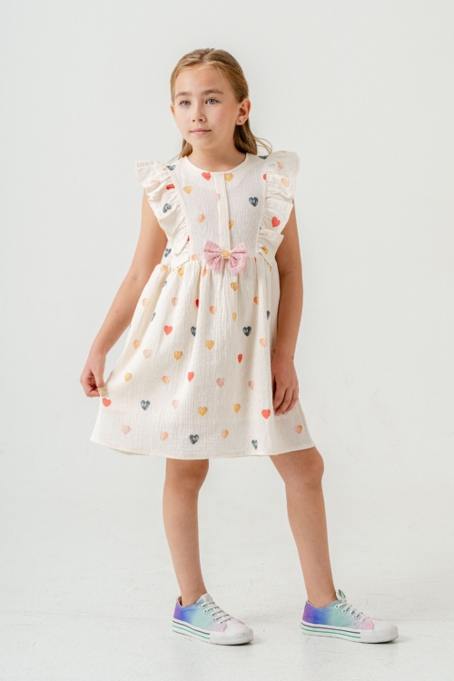 Pembe Kalp Baskılı Fiyonk Detaylı Müslin Kız Çocuk Elbise 21080