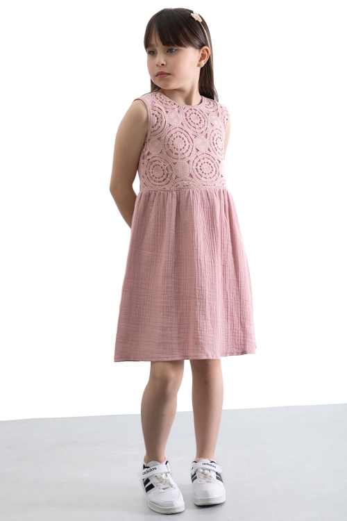 Pembe Dantel İşlemeli Müslin Kız Çocuk Elbise 20778