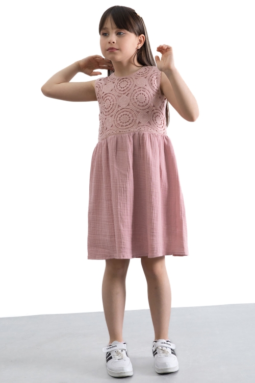 Pembe Dantel İşlemeli Müslin Kız Çocuk Elbise 20778