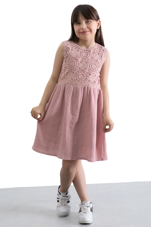 Pembe Dantel İşlemeli Müslin Kız Çocuk Elbise 20778