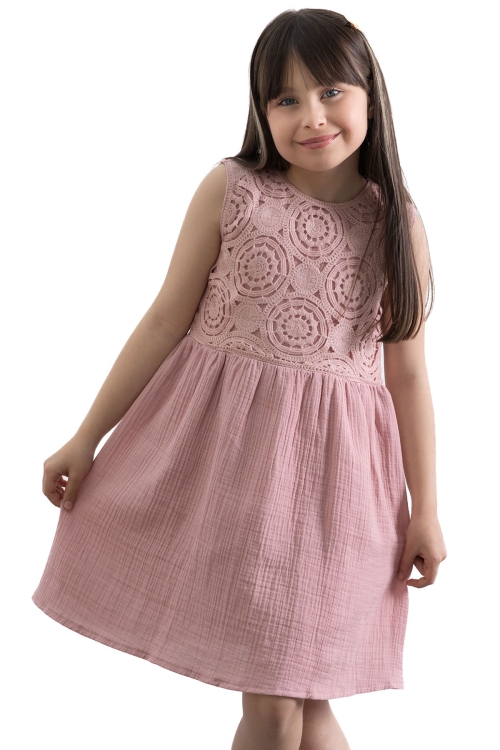 Pembe Dantel İşlemeli Müslin Kız Çocuk Elbise 20778