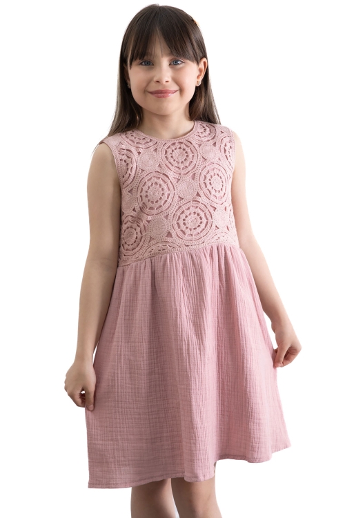 Pembe Dantel İşlemeli Müslin Kız Çocuk Elbise 20778