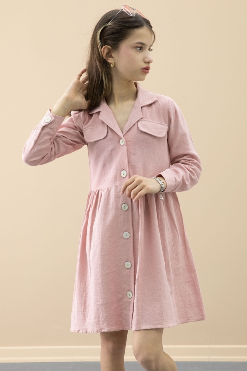 Pembe Düğme Kapamalı Kız Çocuk Kapak Detaylı Uzun Kol Elbise 20698