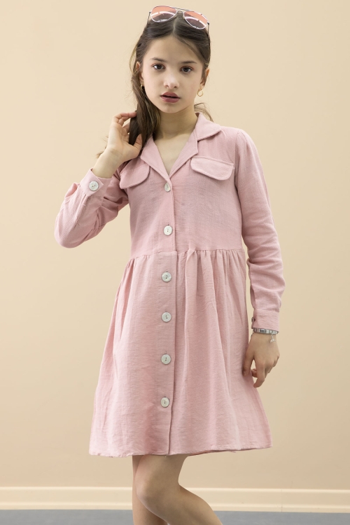 Pembe Düğme Kapamalı Kız Çocuk Kapak Detaylı Uzun Kol Elbise 20698