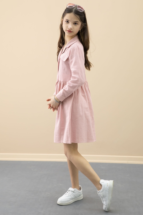 Pembe Düğme Kapamalı Kız Çocuk Kapak Detaylı Uzun Kol Elbise 20698