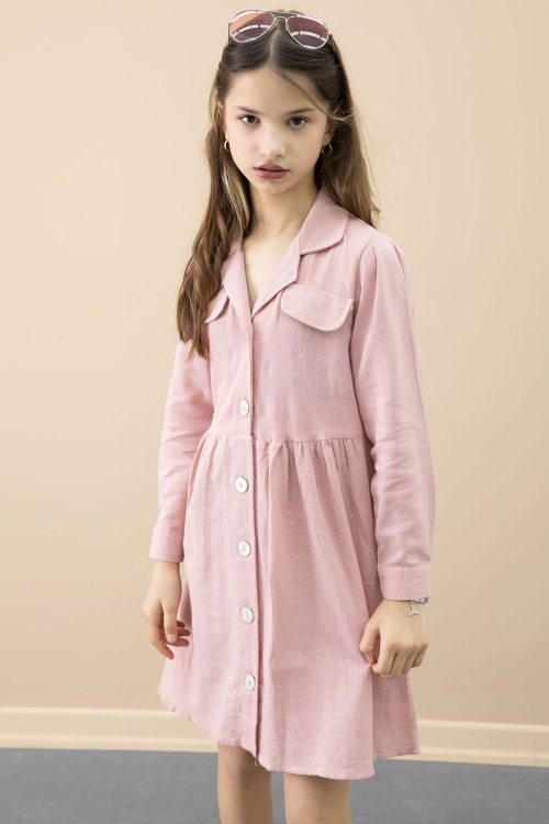 Pembe Düğme Kapamalı Kız Çocuk Kapak Detaylı Uzun Kol Elbise 20698