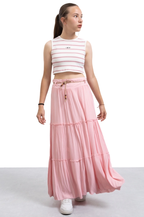 Pembe Hasır Kemerli Uzun Kesim Kırışmalı Kız Çocuk Etek 21130