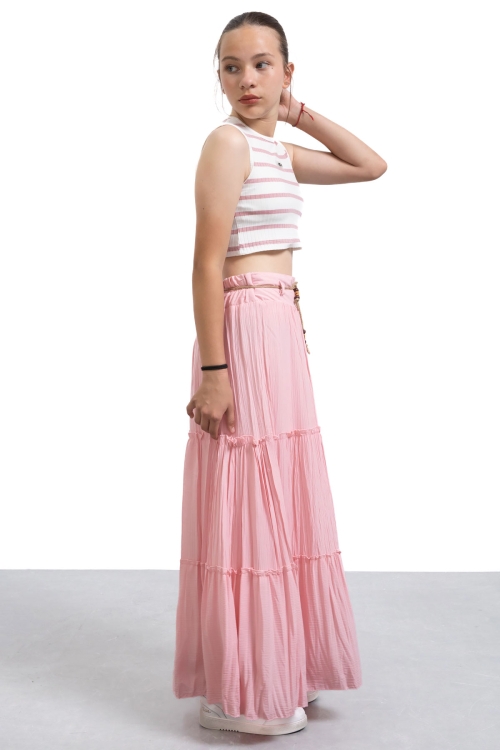 Pembe Hasır Kemerli Uzun Kesim Kırışmalı Kız Çocuk Etek 21130