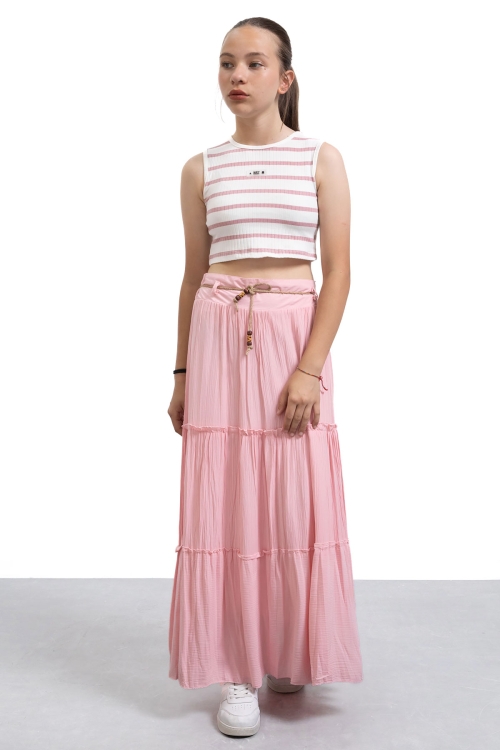 Pembe Hasır Kemerli Uzun Kesim Kırışmalı Kız Çocuk Etek 21130