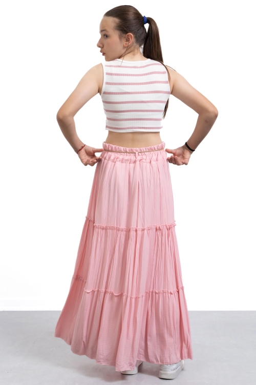 Pembe Hasır Kemerli Uzun Kesim Kırışmalı Kız Çocuk Etek 21130