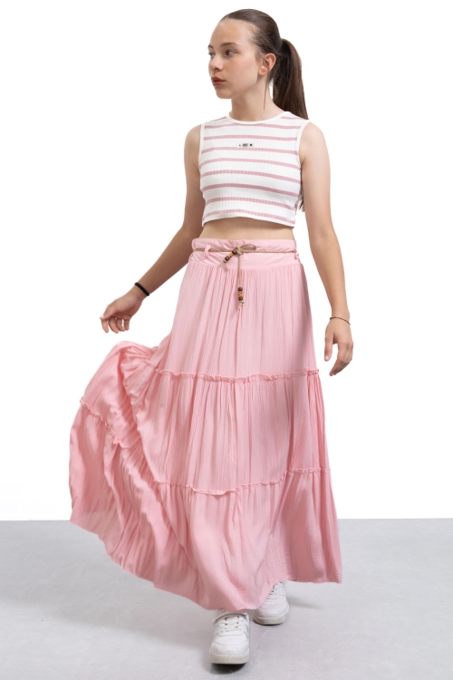 Pembe Hasır Kemerli Uzun Kesim Kırışmalı Kız Çocuk Etek 21130