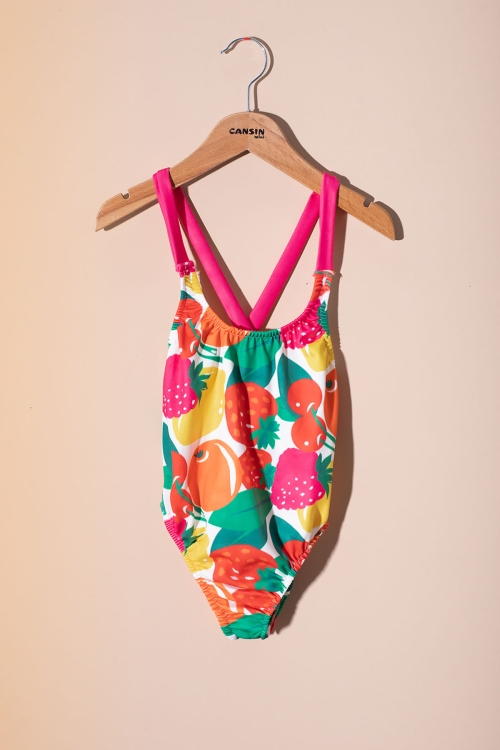 Pembe İp Askılı Meyve Desenli Kız Çocuk Mayo 21071